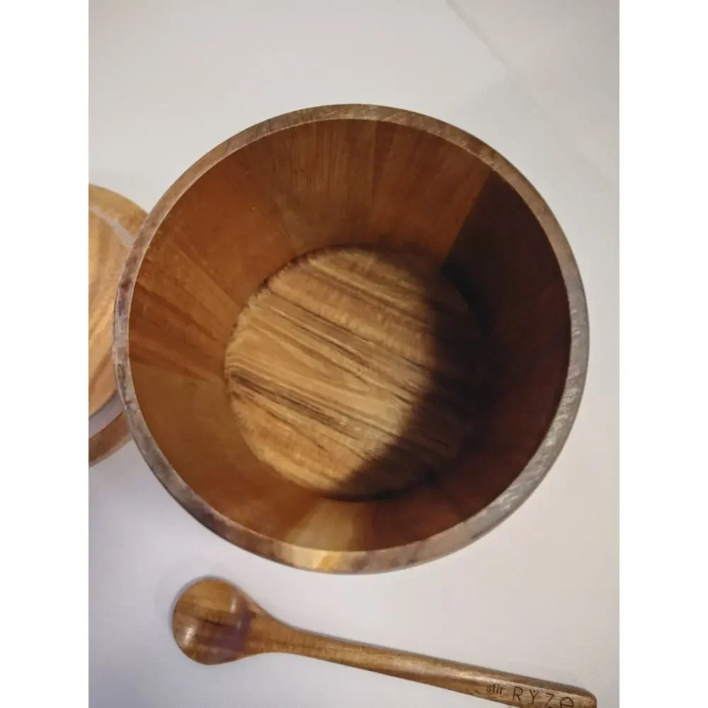 RYZE Mushroom Coffee Wooden Storage Container w/ Stir Stick NEW Acacia Wood